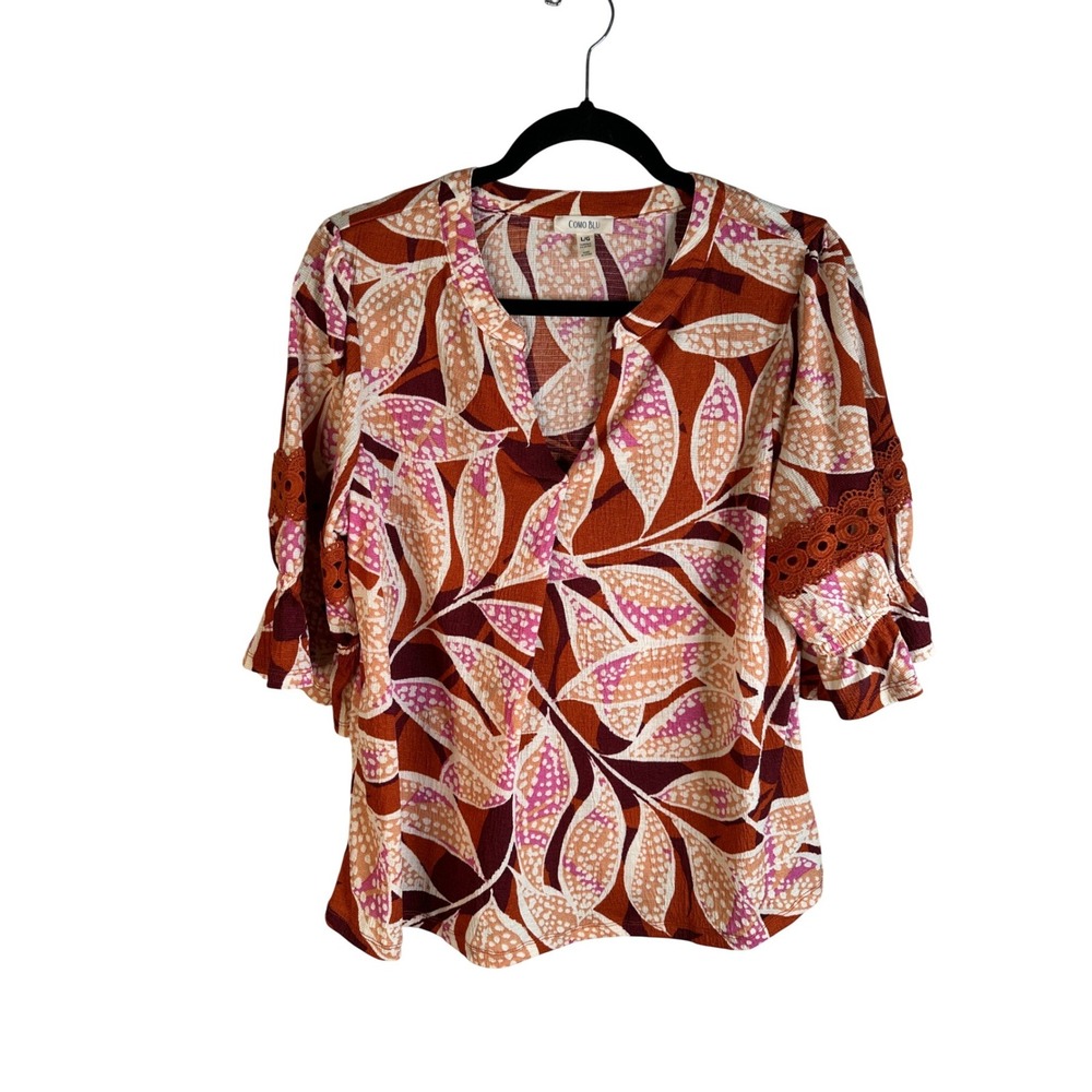 Como Blu Orange Pink Leaf Print Crochet Sleeve Flowy Boho Summer Top Size Large